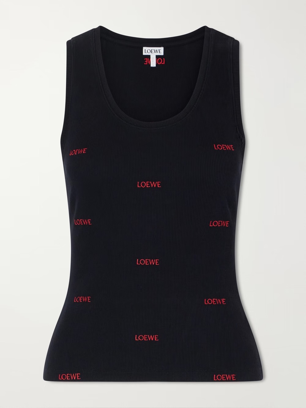 Loewe Black Ribbed Tank Top with Red Logo Embroidery